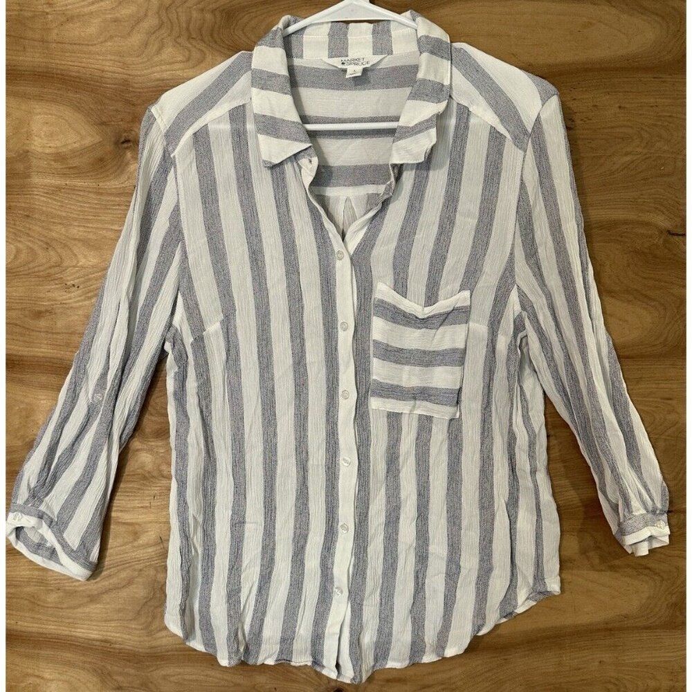 Market Spruce Stitchfix Womens Large Striped Roll Tab Sleeve Button Shirt
